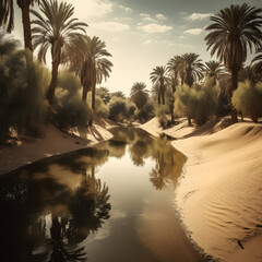 A desert oasis surrounded by sand dunes and palm trees, made with Generative AI 