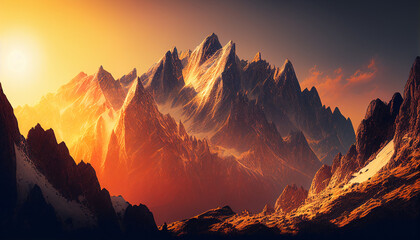 banner of mountain peaks in beautiful sunset light. Generative AI