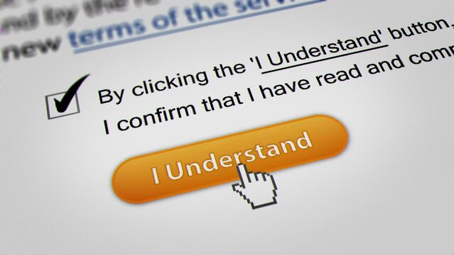 Mouse Cursor Clicking the "I Understand" Button with Agreement Terms And Conditions, Fictitious Data Created Exclusively for This Concept Footage

