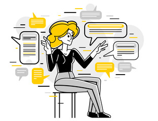 Support center worker is giving advices and consulting customers vector outline illustration, client care consultant is checking feedback, online assistant.