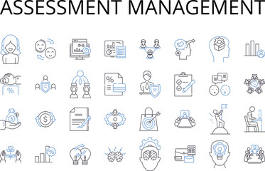 Obraz na płótnie Canvas Assessment management line icons collection. Risk control, Budget planning, Time management, Project coordination, Data analysis, Performance evaluation, Resource allocation vector and linear