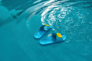 Blue pool sandals float in the water of a swimming pool. Summer concept.