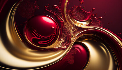  Beautiful Crimson Liquid Swirls with Gold Glitter. Elegant Art Background. Generative AI