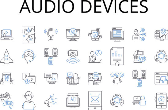 Audio devices line icons collection. Text messages, Video games, Musical instruments, Security systems, Image editing, Social media, Mobile devices vector and linear illustration. Fitness trackers