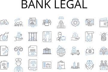 Bank legal line icons collection. Financial institution, Banking organization, Bank corporation, Credit union, Investment bank, Savings and loan association, Trust company vector and linear