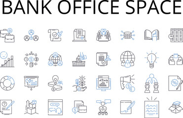 Naklejka na ściany i meble Bank office space line icons collection. Financial institution premises, Banking establishment area, Cash handling office, My management space, Deposit center, Loan office, Wealth management hub