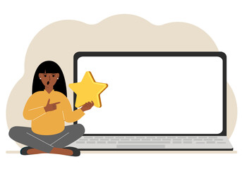 Online feedback, customer experience, user satisfaction concept. Woman giving star rating online using laptop. Positive feedback, business survey.