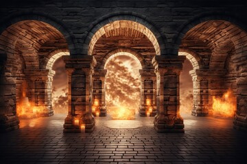Ancient classic architecture stone arches. Ai. With fire flames