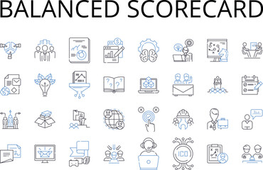 Balanced scorecard line icons collection. Risk assessment, Decision making, Project management, Financial analysis, Human resources, Marketing strategy, Supply chain vector and linear illustration