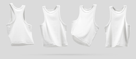 Summer Women's Clothing. Ribbed white tank top flying from different sides on light gray...