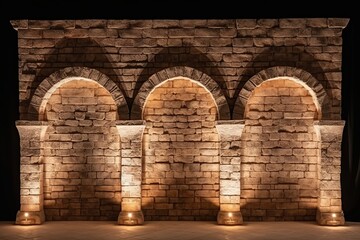 Ancient classic architecture stone arches. Ai. With fire flames