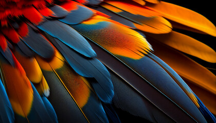 Fototapeta premium close up of Scarlet macaw bird's feather. Generative AI