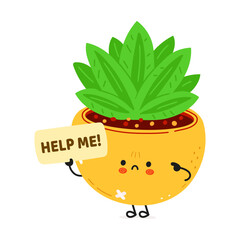 Sick Indoor plant asks for help character. Vector hand drawn cartoon kawaii character illustration icon. Isolated on white background. Suffering unhealthy Indoor plant character concept