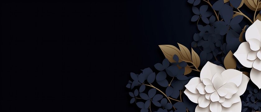 Modern excelent background with a dark navy blue backdrop, dark navy and white flowers with golden leaves. Generative AI. 