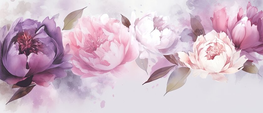Beautiful soft pink watercolour peonies. Aquarelle peony. Delicate floral background with liquid flower texture. Wallpaper, web, banner, card. Generative AI. 