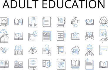 adult education line icons collection. Higher learning, Professional development, Continuing education, Lifelong learning, Grown-up education, Senior education, Mature education vector and linear