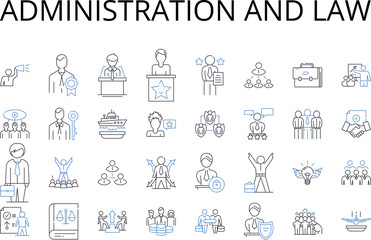 Administration and law line icons collection. Management, Governance, Regulation, Authority, Jurisdiction, Oversight, Supervision vector and linear illustration. Control,Leadership,Command outline
