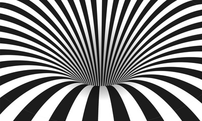 Abstract optical illusion. Hypnotic spiral tunnel with black and white lines. Vector illustration. - obrazy, fototapety, plakaty