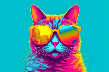 Cat Wearing Trendy Sunglasses, Colourful Background, Cartoon Style, AI-Generated Image