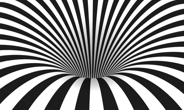 Abstract optical illusion. Hypnotic spiral tunnel with black and white lines. Vector illustration.