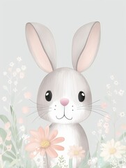 Bunny Rabbit Nursery Room Wall Decor Gender Neutral Cute Cartoon Watercolor Illustration Painting Decoration