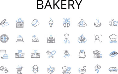 Bakery line icons collection. Pastry shop, Bread store, Cake house, Cookie corner, Sweet factory, Confectiry store, Dessert shop vector and linear illustration. Sugar haven,Muffin parlor,Donut shop