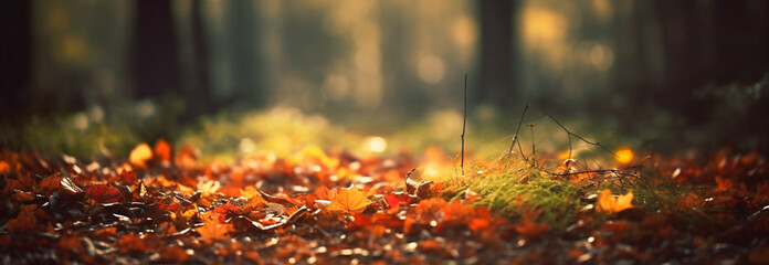Wallpaper autumnal composition of yellow and brown leaves in a park or forest. Created with Generative AI technology.