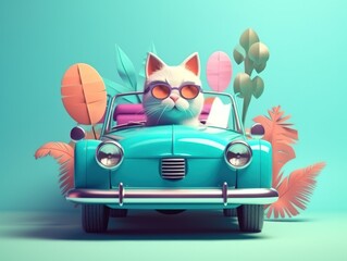 Adorable cat sittign on the car, ready for travel, summer concept. Generative AI