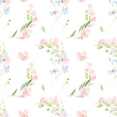 watercolor pink and blue meadow flowers seamless pattern. Meadow with flowers, floral seamless pattern of watercolor colorful wildflowers. 