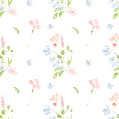 Obraz na płótnie Canvas watercolor pink and blue meadow flowers seamless pattern. Meadow with flowers, floral seamless pattern of watercolor colorful wildflowers. 