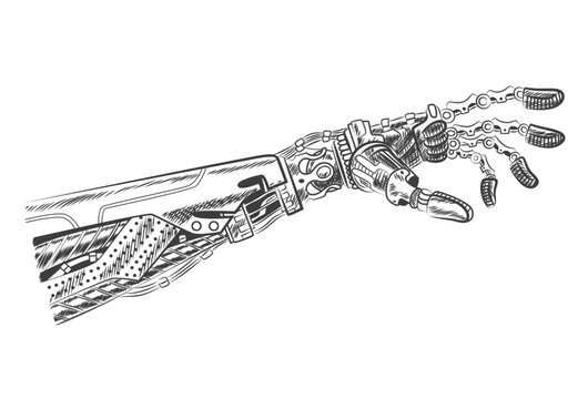 Hand robot touching with fingers. Virtual reality or artificial intelligence technology concept - hand draw sketch design illustration
