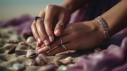 Extreme close-up of a beautiful hand of a woman, playing with little seashells in the sand - ai-generated