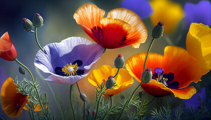 Colorful poppy wildflowers in spring. Generative AI