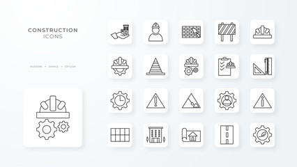 Construction icon collection with black outline style. set, sign, engineer, worker, design, industry, tools. Vector illustration