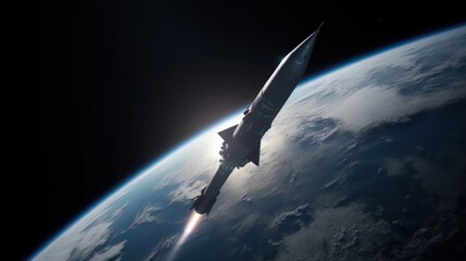 Obraz na płótnie Canvas A rocket soars from Earth into space, science concept. Generative AI