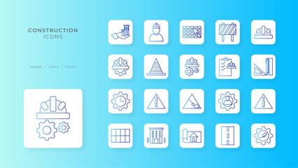 Construction icon collection with blue gradient outline style. set, sign, engineer, worker, design, industry, tools. Vector illustration