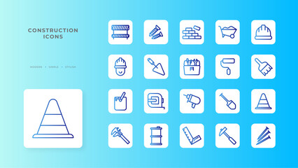 Construction icon collection with blue gradient outline style. house, line, home, engineering, business, drill, industrial. Vector Illustration