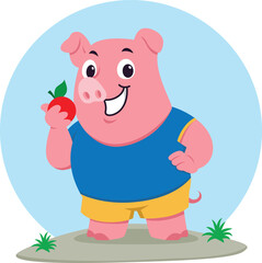 Obraz na płótnie Canvas Pig Eating Apple Cartoon Illustration