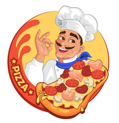 Round Pizzeria Logo with Chef and Pizza. Company Mascot. Vector Illustration. Cartoon Style