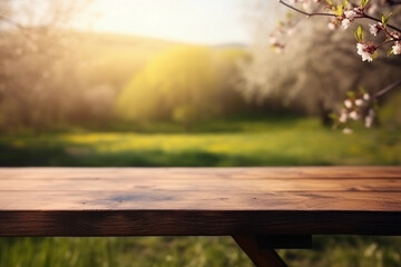 wooden table in a lively spring meadowmeadow. generative AI