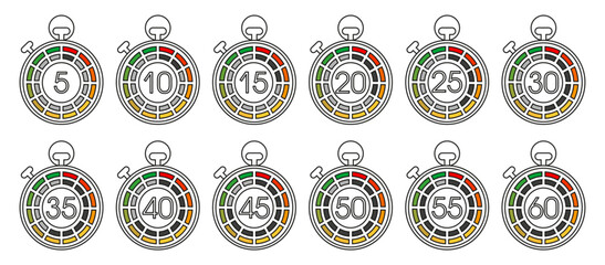 Timer set. Stopwatch icons. Countdown from ten minutes to one hour.
