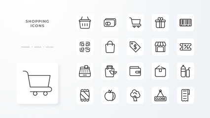 Shopping icon collection with black outline style. texture, abstract, label, stroke, beauty, headline, acrylic. Vector Illustration