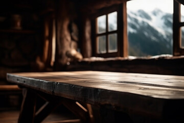 table in a cozy mountain cabin blurred background. generative AI