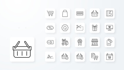 Shopping icon collection with black outline style. texture, abstract, label, stroke, beauty, headline, acrylic. Vector Illustration