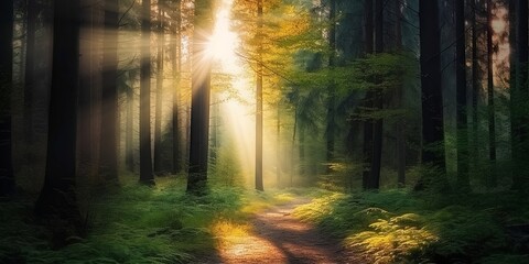 The sun shines through the trees in the forest on a sunny day. AI generated.