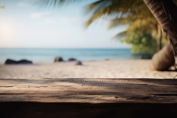 table in a serene tropical beach blurred background. generative AI