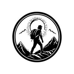 A hiking logo design with a male hiker walking through a trail surrounded by trees and mountains