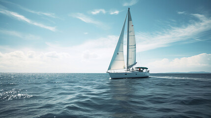 Naklejka na ściany i meble A sail boat on the open sea against a sunny blue sky. A.I. generated. 