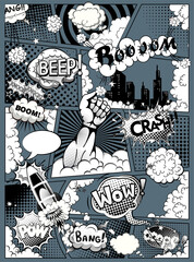 Comic book page layout with speech bubbles, rocket, superhero and sound effects on dark background. Black and white vector illustration.
