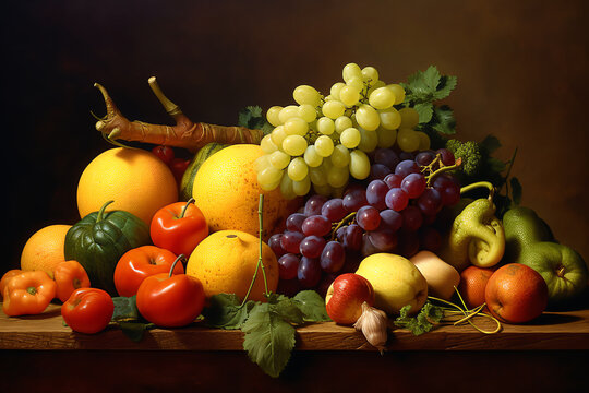 still life of fruits and vegetables, with warm yellow and red tones. generative AI